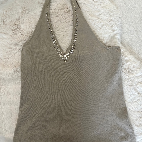 Taupe Sequin Embellished Halter Knit Top | V-Neck Sparkle Detail - Size Small - Picture 6 of 7